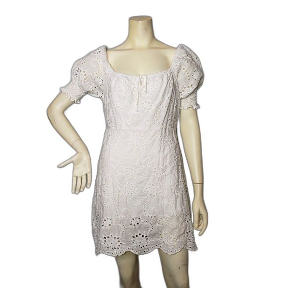7 For All Mankind White Eyelet Lace Short Puff Sleeve Mini Babydoll Dress Size L - Picture 7 of 7